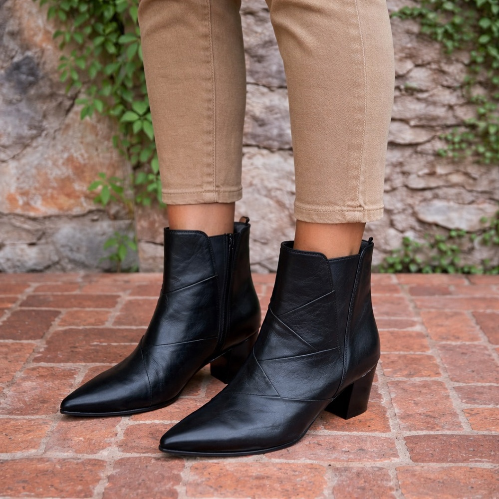 NAPOLEONI Black Leather Handcrafted Walkable Block Heel Ankle Boots, 38
